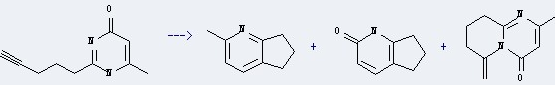 5H-Cyclopenta[b]pyridine,6,7-dihydro-2-methyl- can be prepared by 6-methyl-2-pent-4-ynyl-3H-pyrimidin-4-one. The other two products are 2-Oxo-1,2-dihydro-cyclopentano[e]pyridin and 2-methyl-6-methylene-6,7,8,9-tetrahydro-pyrido[1,2-a]pyrimidin-4-one